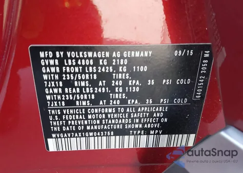 2016 Volkswagen Tiguan Se z USA, uszkodzony, nr VIN WVGAV7AX1GW043758